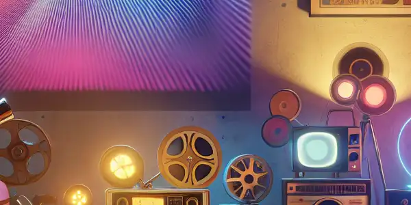 A cozy room blending vintage audio-visual equipment with futuristic technology, featuring nostalgic decor and warm lighting.