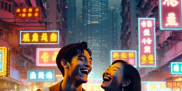 A vibrant Hong Kong cityscape at dusk, featuring a young couple laughing amidst a bustling crowd, symbolizing dreams and romance.