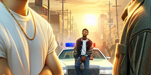 Two young Black men on an Oakland street, embodying community, resilience, and the tension of urban life.