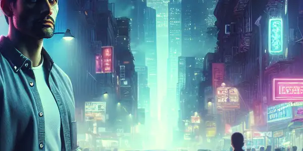 A determined young adult reflects on life amidst a bustling neon-lit city street filled with energy and emotion.