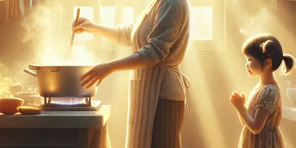 A mother lovingly cooks in a cozy kitchen while her young daughter watches admiringly, surrounded by family memories.