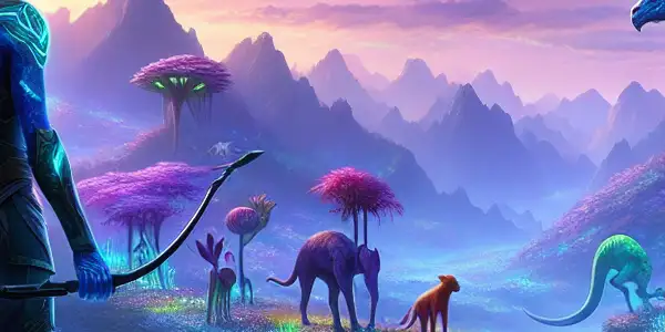 A Na'vi warrior stands poised in a vibrant, bioluminescent alien landscape filled with exotic wildlife and floating mountains.