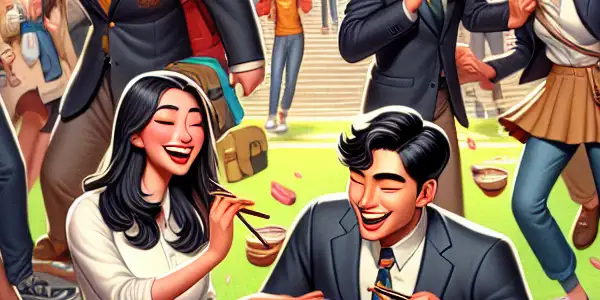 A lively university campus scene with students engaged in comedic antics and two characters in an awkward romantic moment.