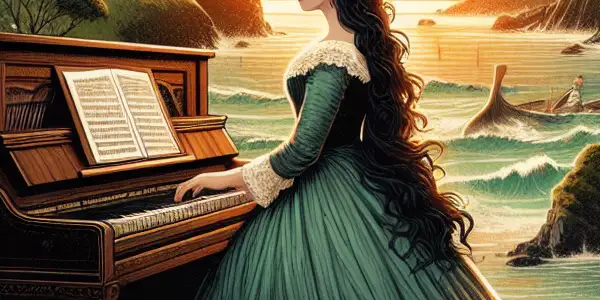 A Victorian-era woman plays a grand piano on a New Zealand coastline, while a rugged man admires her from the ferns.