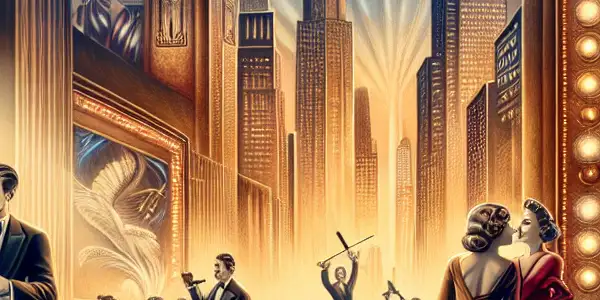 A glamorous retro film studio scene featuring passionate actors, vintage cameras, and elements of adult entertainment.