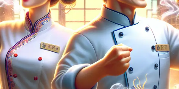 Playful chefs compete in a vibrant Hong Kong kitchen, surrounded by colorful dishes and traditional cooking utensils.