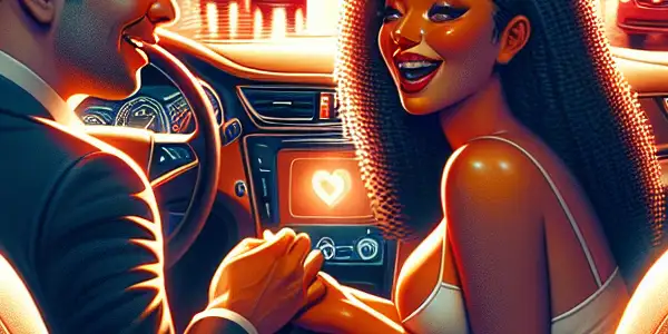 A couple playfully interacting inside a car, surrounded by soft lighting and blurred city lights, evoking romance and nightlife.