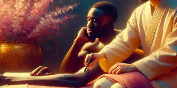 A cozy room featuring a sensual massage between a diverse couple, with ambient lighting and intimate decor.