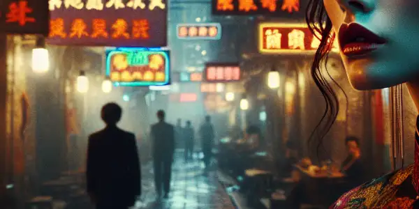A vibrant Hong Kong street scene featuring Pan Jinlian in an elegant dress, surrounded by symbolic elements of intrigue and tension.