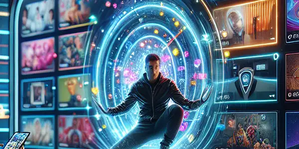 A user lounges with a tablet, exploring a vibrant, high-speed subscription service for adult content in a neon-lit environment.