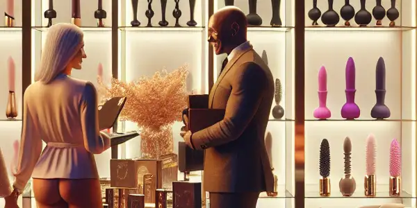 A luxurious boutique showcasing stylish adult products with diverse shoppers exploring in an inviting atmosphere.