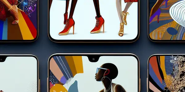 A modern smartphone screen showcasing vibrant wallpapers of elegantly posed women's legs against dynamic, colorful backgrounds.