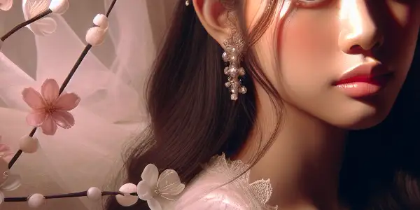 A young woman in an intimate room adorned with cherry blossoms, embodying innocence and allure.