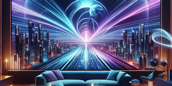 Futuristic living room with sleek furniture, vibrant LED lighting, and a large screen showcasing seamless entertainment.