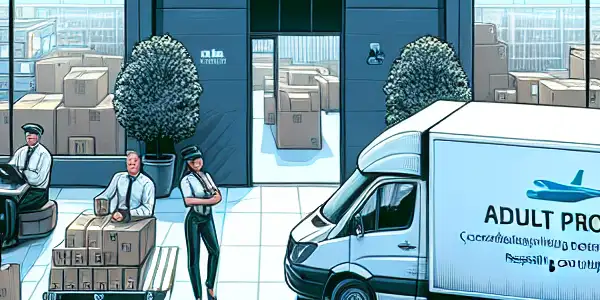 A modern logistics facility with discreetly labeled adult products, delivery vans, and a diverse team of professionals.