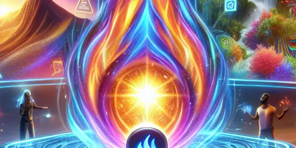 A glowing recommendation engine surrounded by holographic displays, inspiring diverse people in a vibrant, energetic setting.