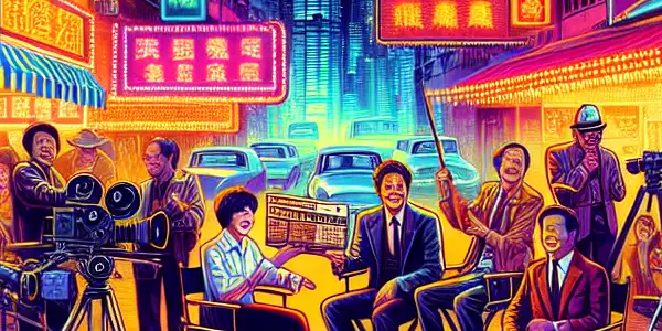 A lively Hong Kong film set from the 1980s-90s, featuring filmmakers, neon lights, and iconic skyline elements.