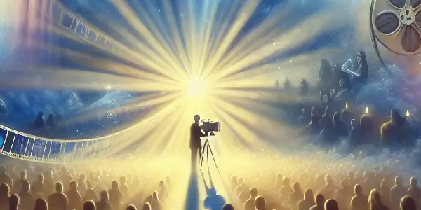 A romantic cinema scene under a starlit sky, featuring a filmmaker and enchanted movie lovers.