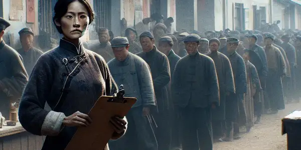A determined rural Chinese woman stands in a dusty village, surrounded by bureaucratic elements symbolizing her quest for justice.