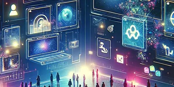 A digital landscape showcasing an abstract adult forum with user avatars, floating content windows, and security motifs.