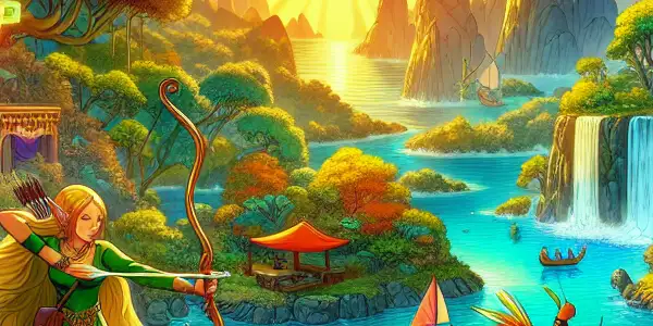 A vibrant Fantasy Island with whimsical characters like an elf, mermaid, and pirate engaged in playful adventures.