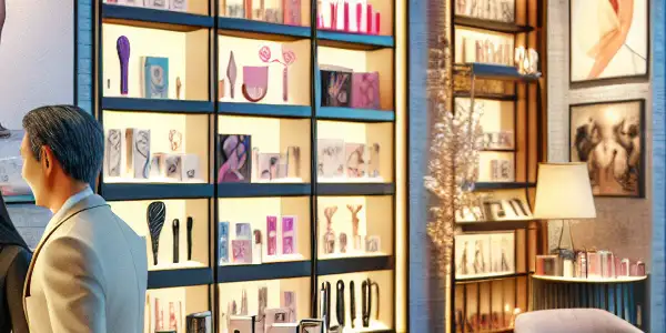 A vibrant upscale adult novelty store interior with diverse customers exploring colorful products in a welcoming atmosphere.