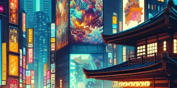 A vibrant Tokyo night scene showcasing adult entertainment culture with neon lights, diverse people, and a mix of traditional and modern architecture.