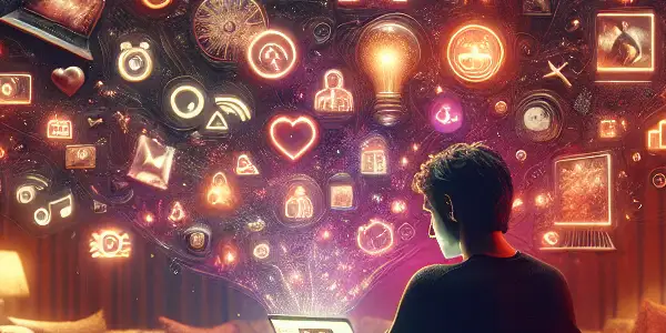 A cozy, dimly lit room with a user engaging with digital adult content on a tablet amidst abstract themed illustrations.