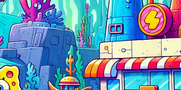 A vibrant underwater scene featuring SpongeBob and Patrick near the Krusty Krab, with colorful coral and a pirate ship.