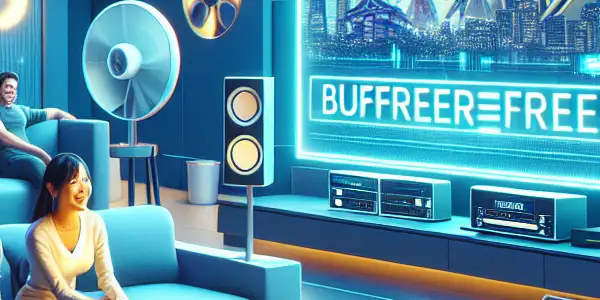 A futuristic living room scene with diverse individuals enjoying a high-definition film on a large screen, symbolizing seamless streaming.