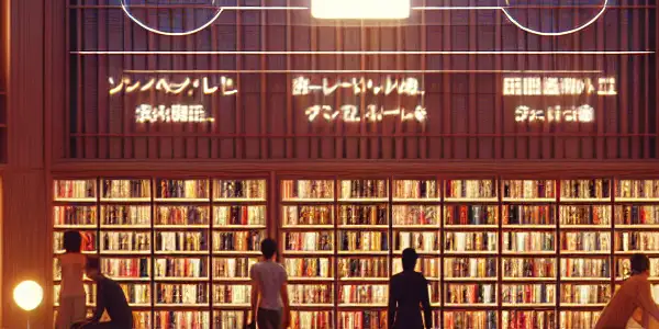 A modern library featuring digital screens of adult films, emphasizing safety, community interaction, and a cozy atmosphere.