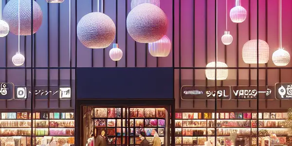 A modern, inviting adult toy store with sleek architecture, colorful products, and customers browsing comfortably.