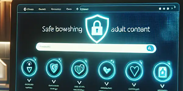 A cozy home office with a computer displaying a secure website for safe adult browsing, surrounded by books on internet safety.