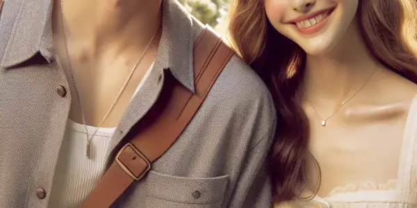 A young couple stands amidst blooming gardenias on a university campus, embodying youthful love and dreams.