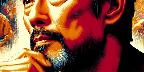 A vibrant movie poster featuring Ge You, highlighting scenes from his iconic films and elements of humor, romance, and Chinese culture.