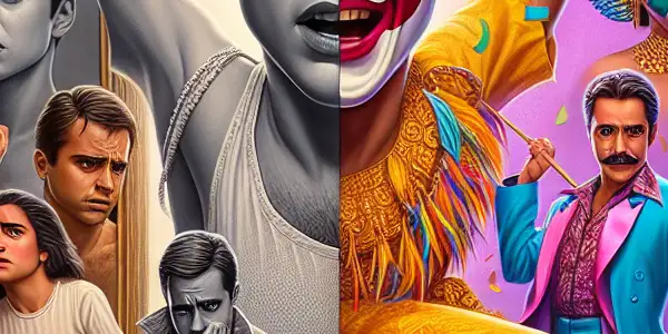 A split scene depicting a male character transforming into a female persona alongside a whimsical, comedic gender role moment.