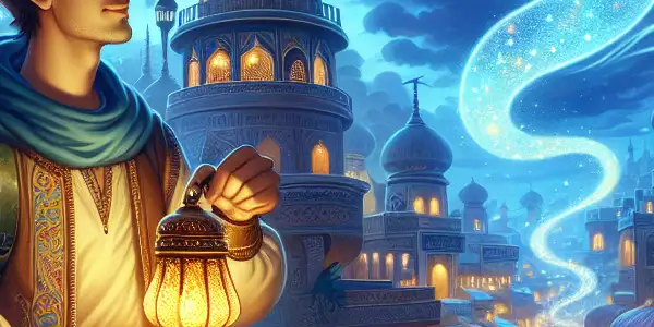 Aladdin holds a glowing lamp in a vibrant Arabian marketplace, accompanied by the playful Genie and confident Princess Jasmine.