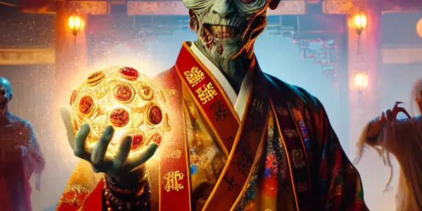 A Taoist priest battles playful ghosts and comical zombies in a vibrant Hong Kong graveyard under a full moon.