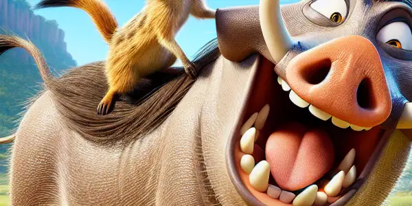 Timon and Pumbaa playfully interacting in a vibrant African savanna with Pride Rock in the background.