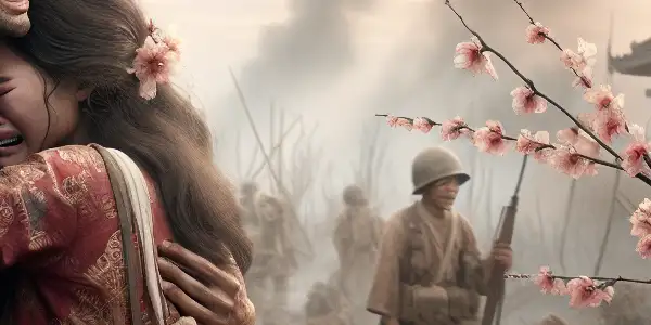 A brother and sister reunite emotionally in a war-torn landscape during the Second Sino-Japanese War.