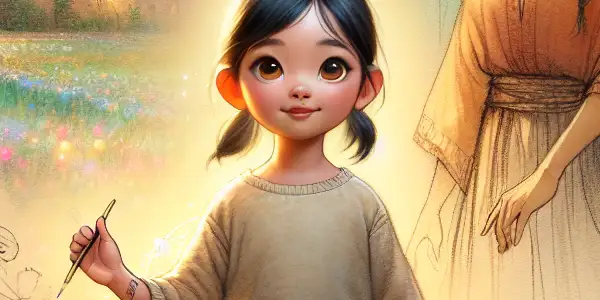 A young girl and her mother stand in a sunlit meadow filled with wildflowers, surrounded by a quaint village.