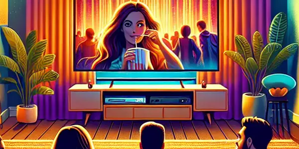 A diverse group of friends enjoying a cozy movie night in a warmly lit modern living room.