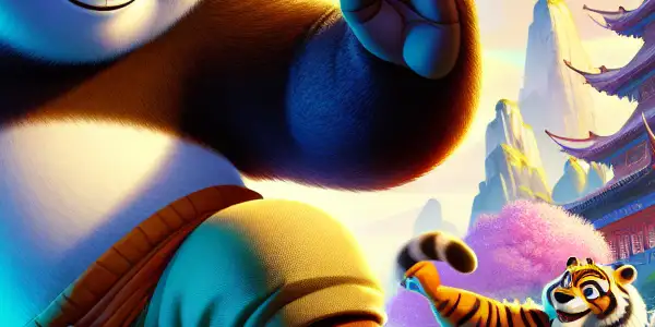 Po the panda and Tigress engage in martial arts amidst a vibrant Chinese landscape, with a shadowy antagonist nearby.