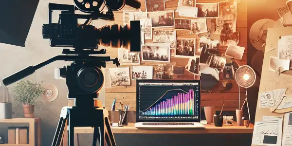 A film director's studio focused on Japanese AV, featuring a camera, storyboard, and ambient lighting in a creative setting.