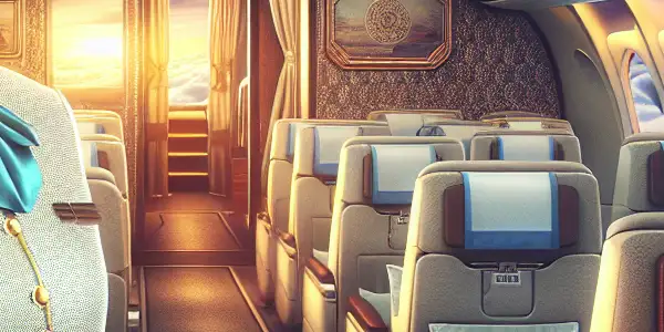 A glamorous Asian flight attendant in a luxurious airplane aisle, surrounded by elegant decor and a sunset sky.