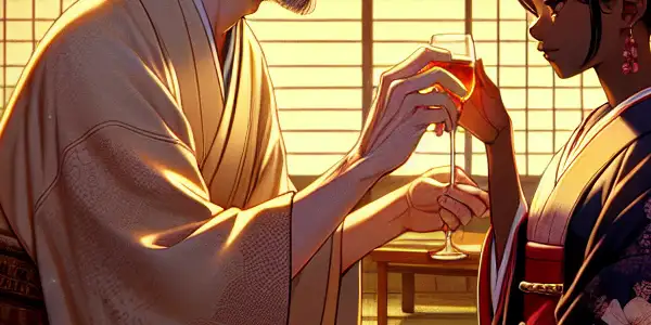 A serene Japanese room featuring a male mentor guiding a young female disciple, highlighting respect and forbidden attraction.