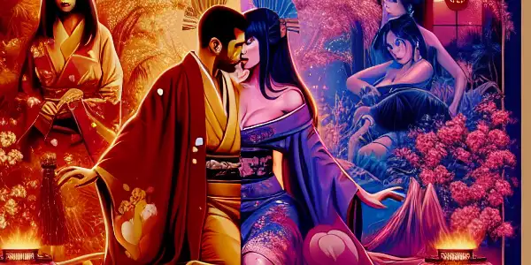 A vibrant movie poster contrasting Japanese and Western adult film cultures, featuring elegant scenes and romantic elements.
