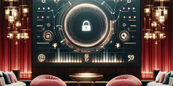 A luxurious home theater setting featuring a sleek digital interface, plush seating, and subtle Japanese cultural elements.