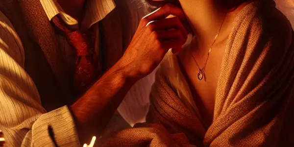 A cozy bedroom scene featuring a charismatic couple sharing a tender moment, surrounded by elements of love and healing.