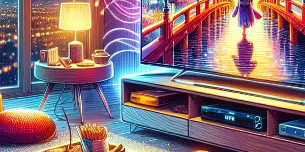 A cozy living room with a large TV displaying a Japanese AV film, snacks, and a serene night view.